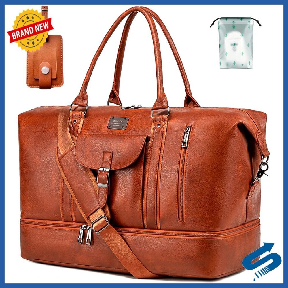 Large Faux Leather Travel Duffel Bag with Shoes Compartment Luggage Strap